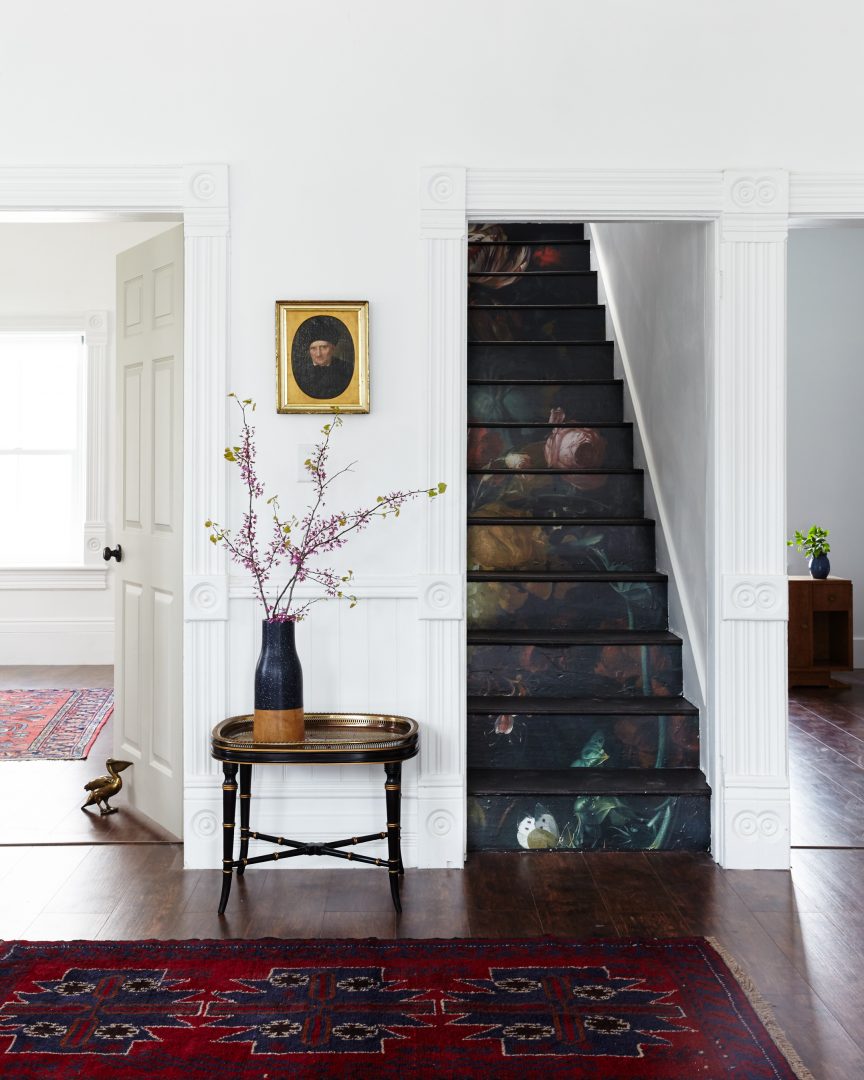 dark and moody interior rooms for fall wallpapered staircase