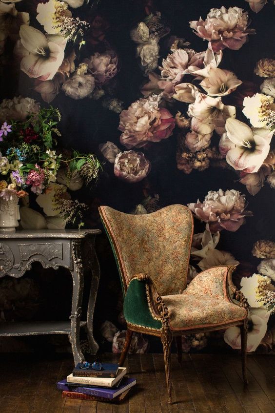dark and moody interior rooms for fall somber wallpaper antique chair