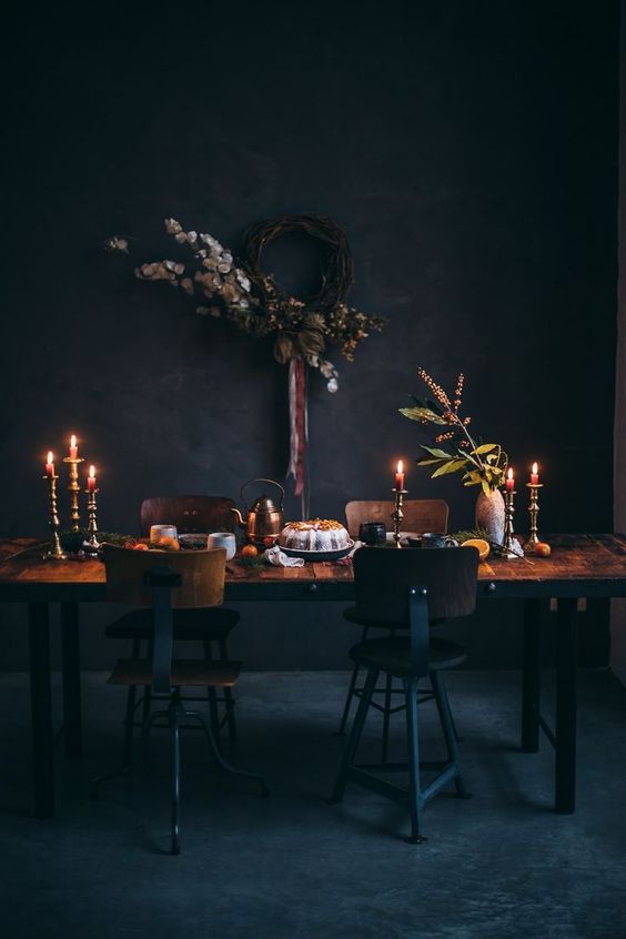 dark and moody interior rooms for fall kitchen table