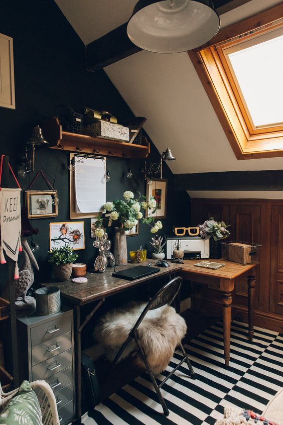 dark and moody interior rooms for fall attic office hideaway