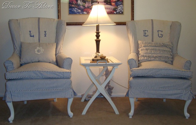 Wingchairs Slipcovered in Ticking