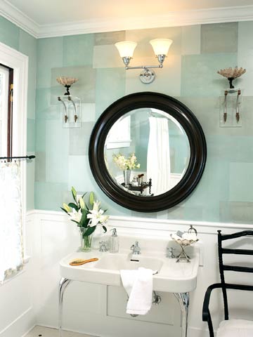 DecGalFall2004_Mint Green Geometric Bathroom With White Accents and Black Round Mirror