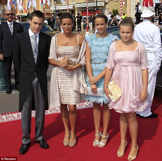 Prince Albert was supported by his sister Princess Stephanie and her three children Louis, Pauline (second right) and Camille (far right)