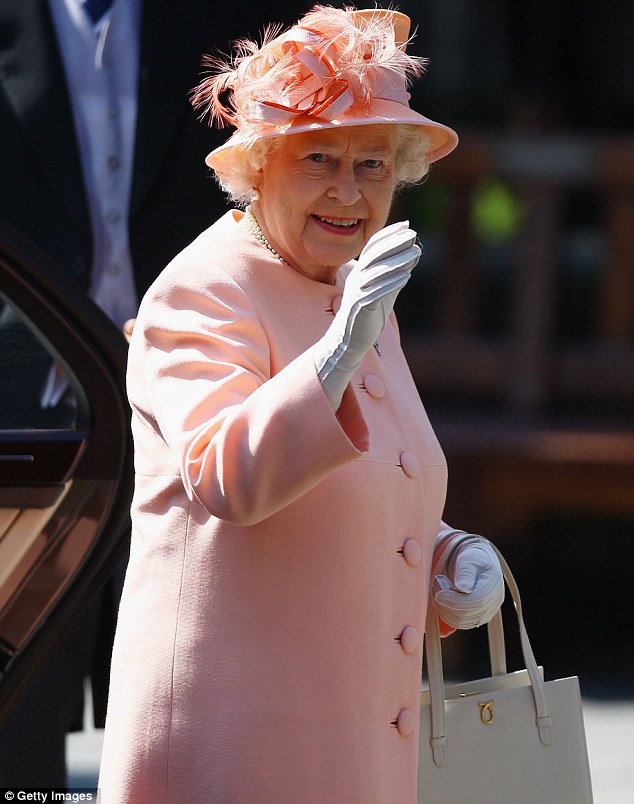 Pretty in peach: The Queen was the last of the royal family members to arrive