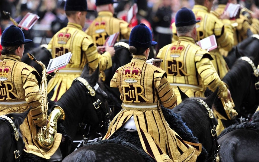 The Household Cavalry Mounted band join the carriage procession from Westminster Hall to Buckingham Palace