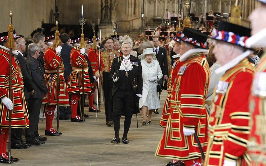 Queen Elizabeth II leaves Westminster Hall after a Diamond Jubilee Luncheon given by The Livery Companies of The City of London