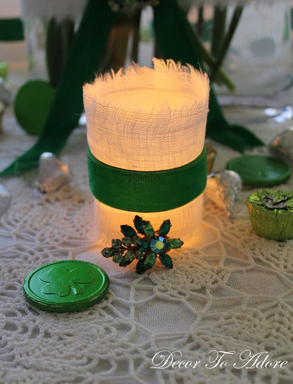 Green-Ribbon Wrapped Candle with linen