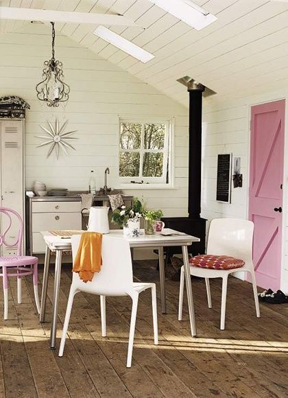 pink and white kitchen: painted interior doors