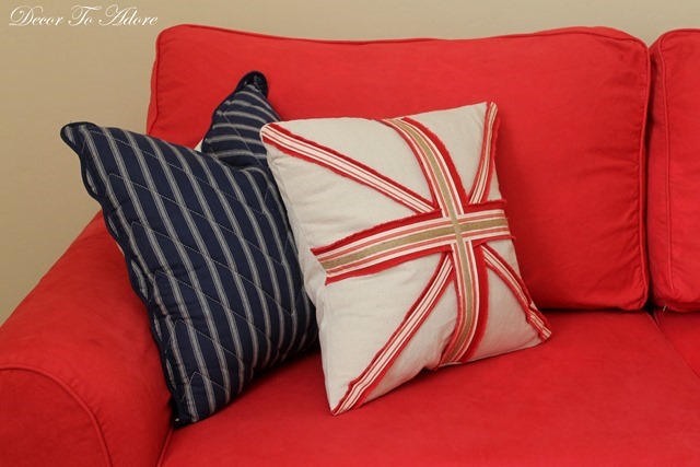 A dyed red slipcover couch