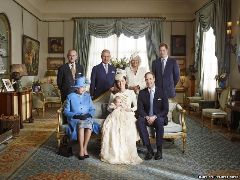 The official portrait for the christening of Prince George Alexander Louis of Cambridge, photographed in The Morning Room at Clarence House in London on October 23rd 2013. PICTURED: (back, left-right) HRH The Duke of Edinburgh, HRH Prince of Wales, HRH The Duchess of Cornwall, HRH Prince Harry of Wales; (front, left-right) HM Queen Elizabeth II, HRH Duchess of Cambridge carrying HRH Prince George with HRH Duke of Cambridge