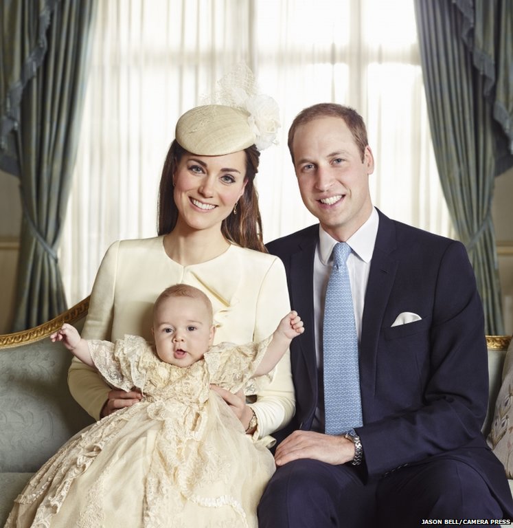 The official portrait for the christening of Prince George Alexander Louis of Cambridge, photographed in The Morning Room at Clarence House in London on October 23rd 2013. PICTURED: HRH Duke of Cambridge, HRH Duchess of Cambridge with their son HRH Prince George
