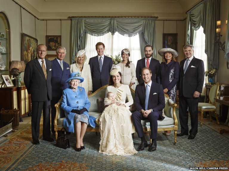 The official portrait for the christening of Prince George Alexander Louis of Cambridge, photographed in The Morning Room at Clarence House in London on October 23rd 2013. PICTURED: (back row, left-right) HRH The Duke of Edinburgh, HRH The Prince of Wales, HRH The Duchess of Cornwall, HRH Prince Harry of Wales, Pippa Middleton, James Middleton, Carole Middleton and Michael Middleton. (front row, left-right) HM Queen Elizabeth II, HRH Duchess of Cambridge carrying HRH Prince George and HRH Duke of Cambridge