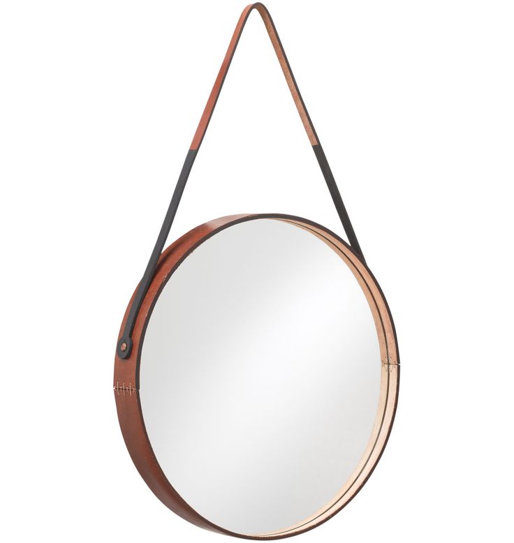 campaign furniture style, Round Leather-Wrapped Mirror