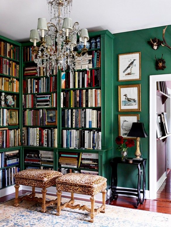 Library With Green Walls and Leopard Stools