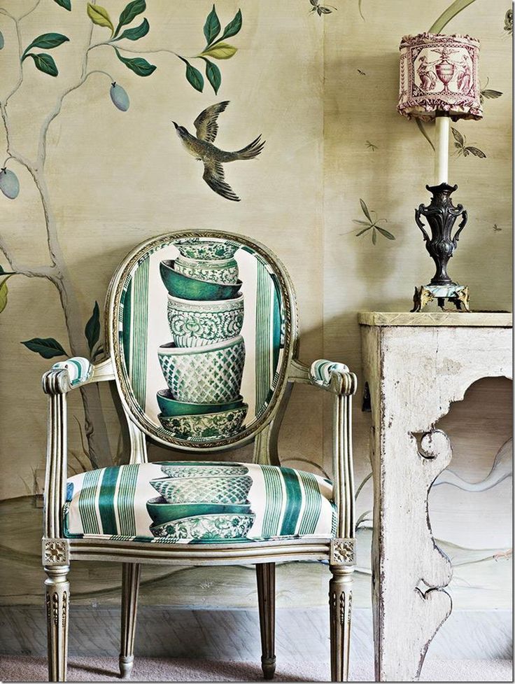 Play with patterns & prints. Nicky Haslam ~ dining room chair is covered with Pierre Frey's Ming Green, which Haslam sprayed with tea to soften its whites. What looks like wallpaper is actually a hand-painted replica - complete with seams & torn edges - of the paper John Fowler put up that was too ragged to keep.