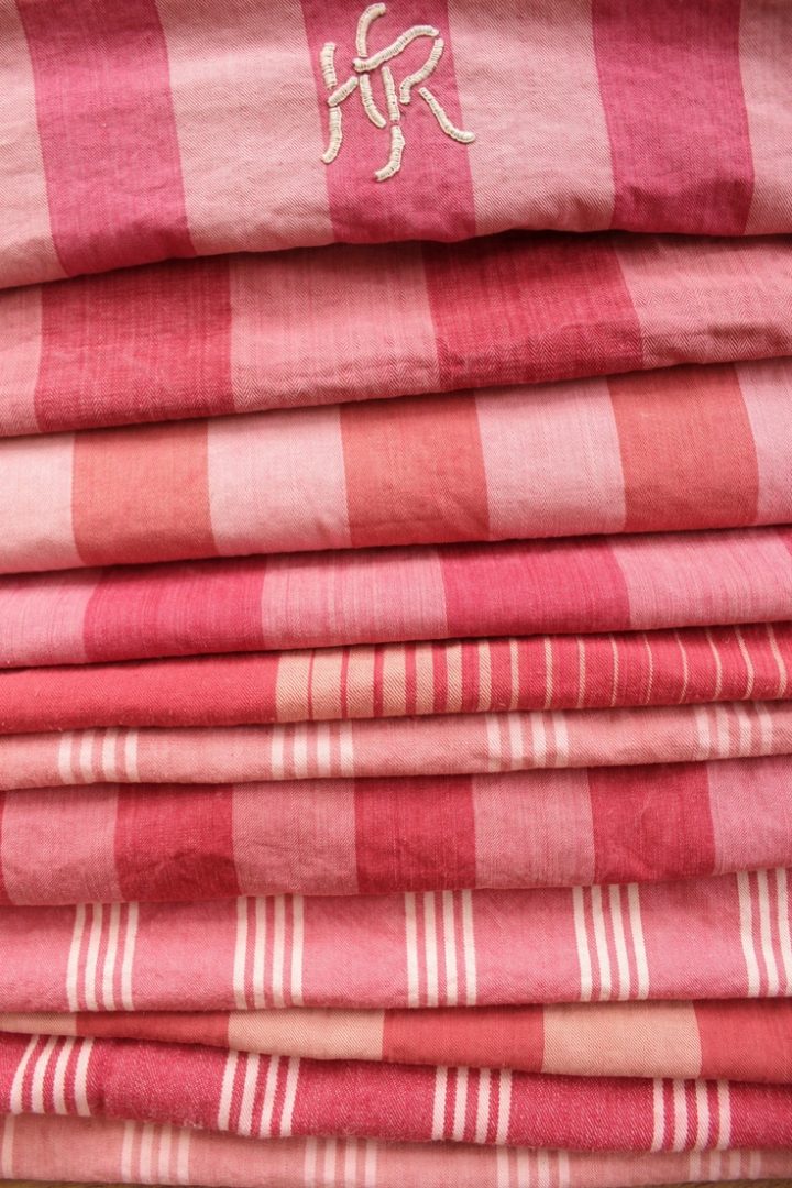 Antique Vintage French red pinks Ticking fabric 