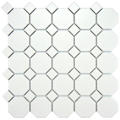 Merola Tile Metro Octagon Matte White with Dot 11-1/2 in. x 11-1/2 in. x 5 mm Porcelain Mosaic Floor and Wall Tile (9.2 sq.ft./case)