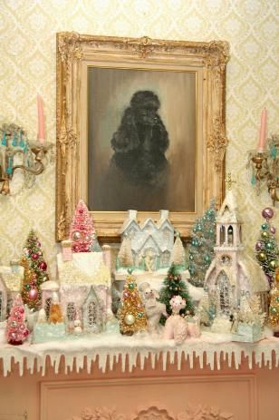 Vintage Poodles and Pastel Pink Putz Houses and Bottle Brush Christmas Trees: 