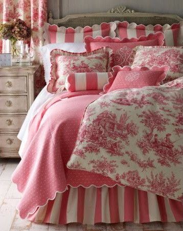 French country bedroom - would love this in blue and white: 