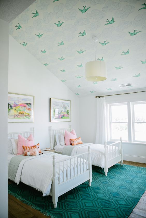 Wallpapered Girl’s Bedroom Ceiling: 