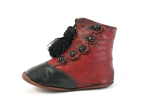 Red and Black Baby Button Shoes with Tassel. 1860-80 