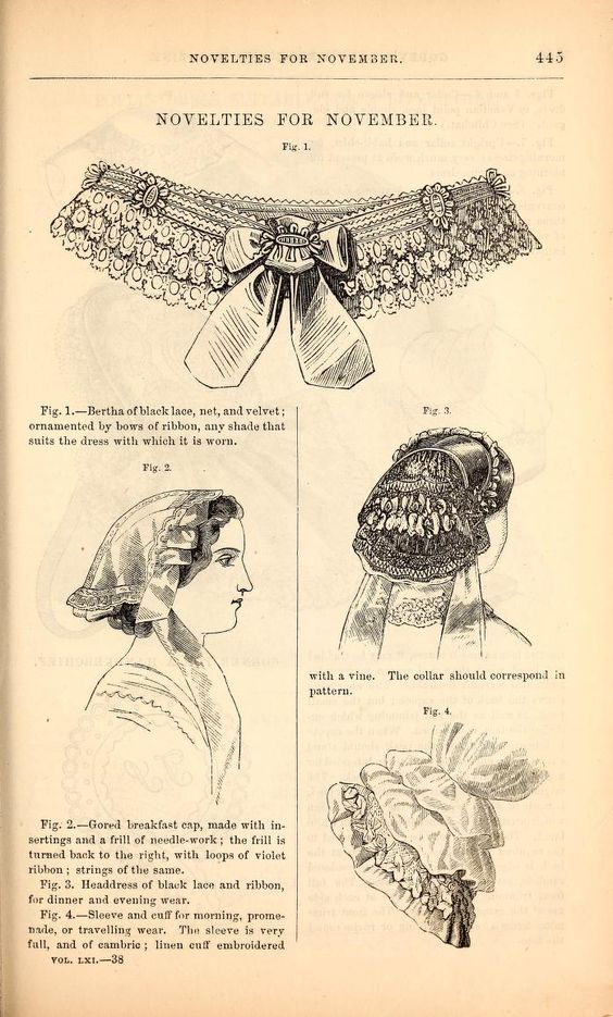 1860 Godey's. Left, gored breakfast-cap with insertion and needlework