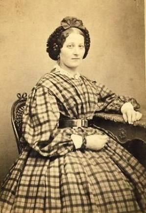 Lady in an even plaid dress. Bishop sleeves, pleated bodice, pleated skirt and hairnet