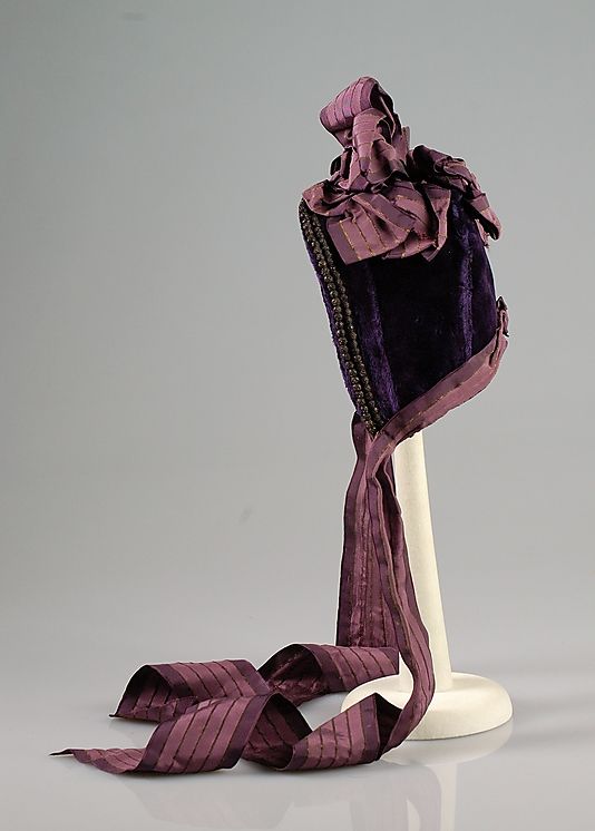 Beaded purple velvet bonnet with deep mauve silk ribbon trim, by Mrs. M. Courtney, American (Brooklyn), ca. 1870.