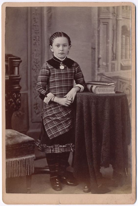 Antique Victorian Photo, Pretty Little Girl in Checkered Dress and Striped Stockings