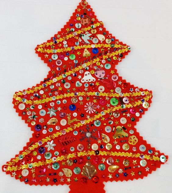 Hand Stitched Sequined Beaded Vintage Felt Christmas Tree Applique Red