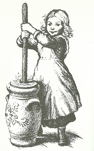 Mary churning butter.