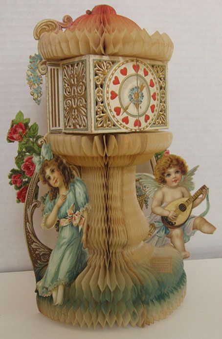 Clock Tower, Cupid ~ Large Antique Honeycomb Valentine 