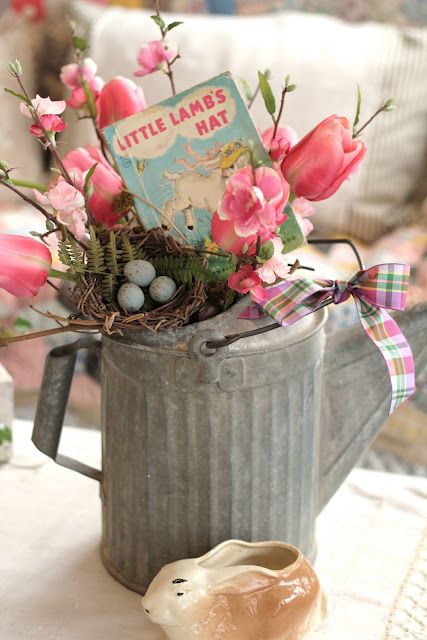 Easter centerpiece, watering can centerpiece, vintage easter lamb: 