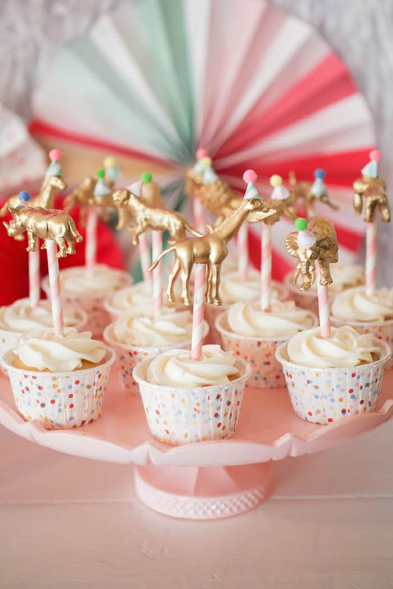 DIY Gold Animal Cupcake Toppers- using craft store animals and gold spray paint. 