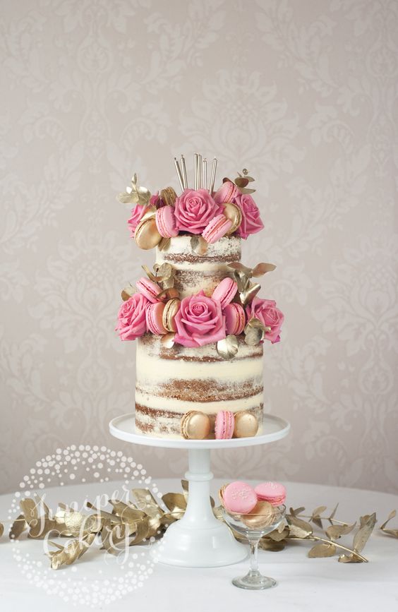 Stunning gold and pink themed naked cake by Juniper Cakery: 
