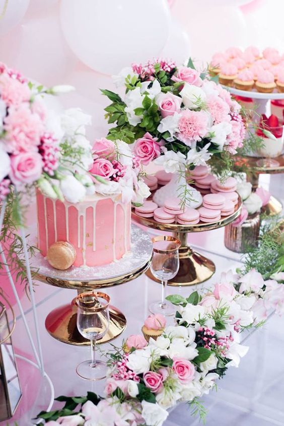 Cake + Sweets + Florals from a Pink + White & Gold Garden Party via Kara's Party Ideas | KarasPartyIdeas.com