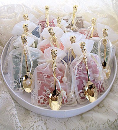 12 Assorted Tea Bag (Teaspoon) and Gold Rose Demi Spoon Favors in Embroidered Ivory Favor Bags - Bridal Favors - Roses And Teacups