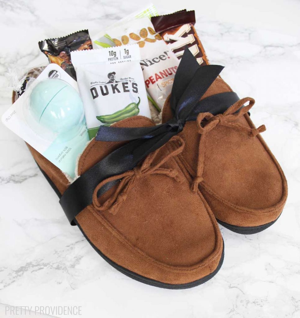 Slippers make a great gift and they are even better when filled with little treats and gift cards! Perfect for Father's Day or really any occasion.