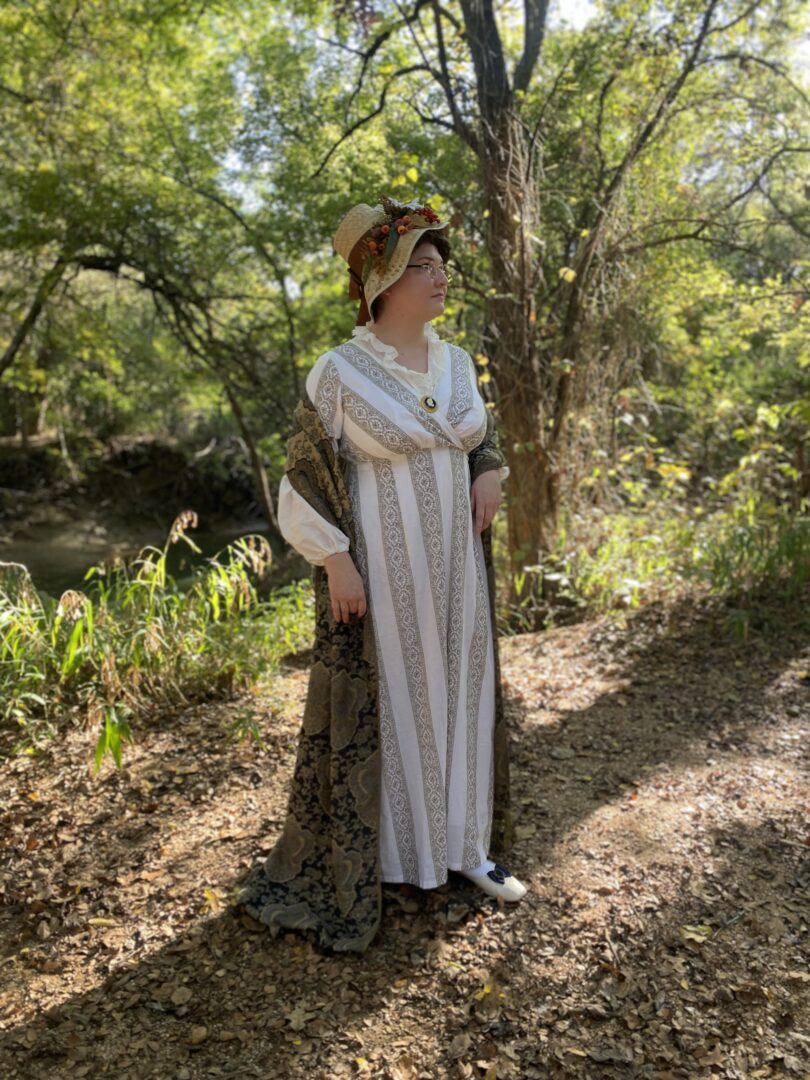 Liz in a harvest themed Regency bonnet