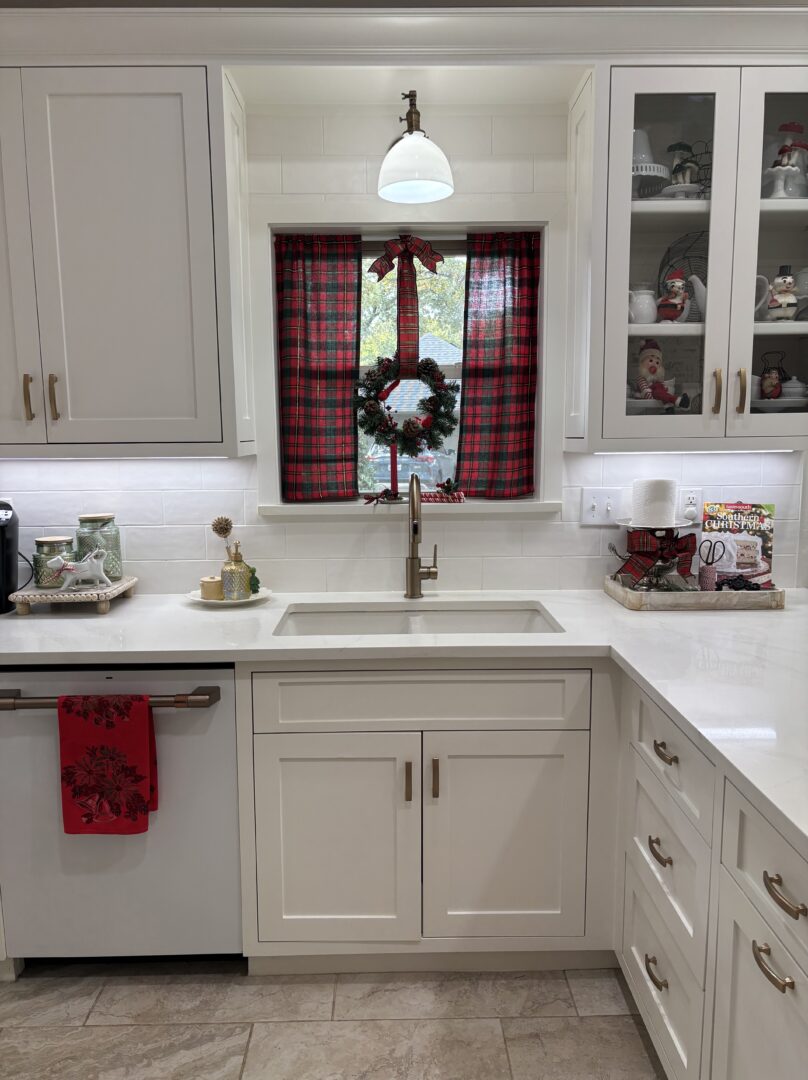 Kitchen with holiday and plaid decor.